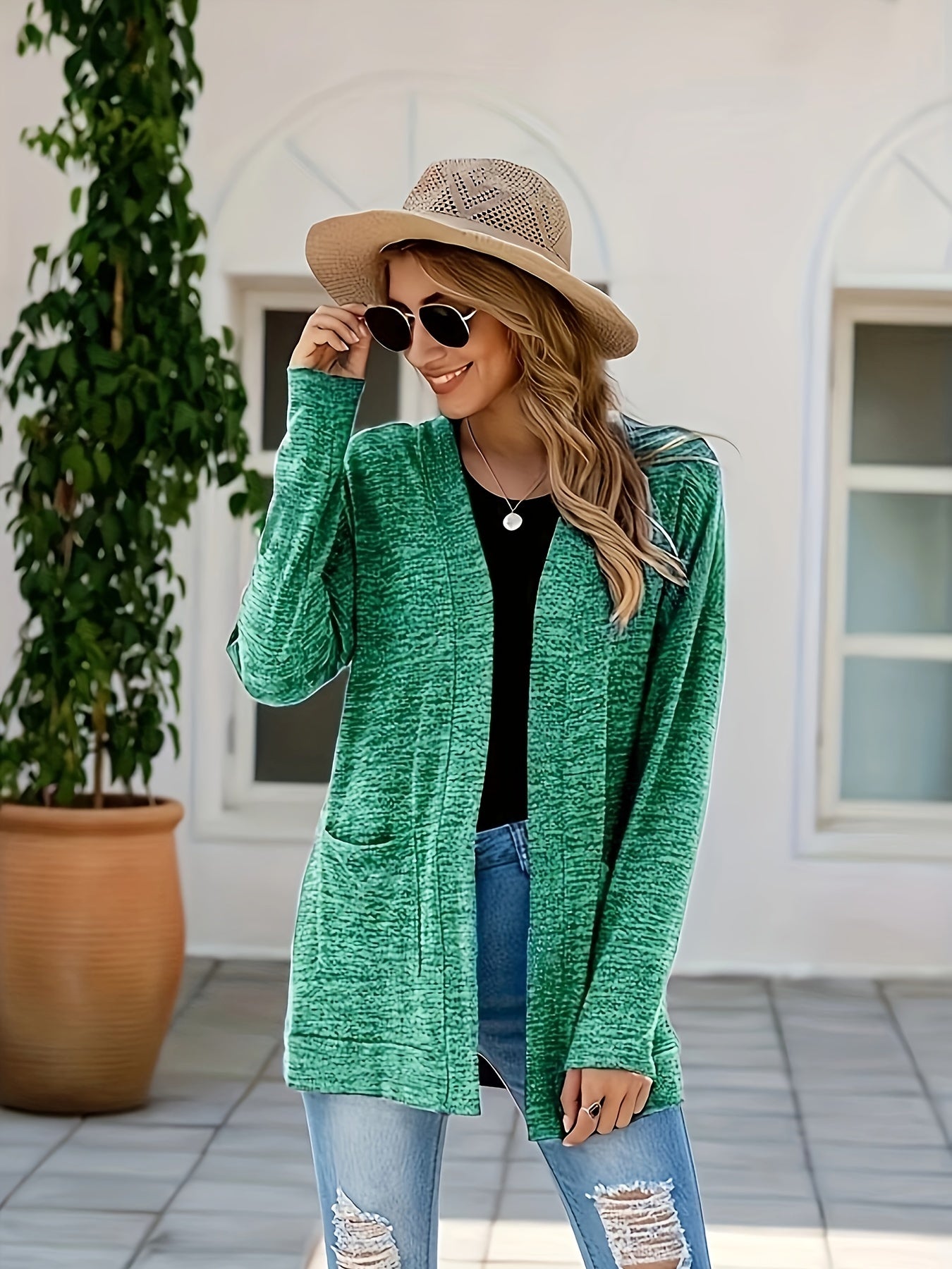 Solid Drop Shoulder Cardigan with Pockets for Women