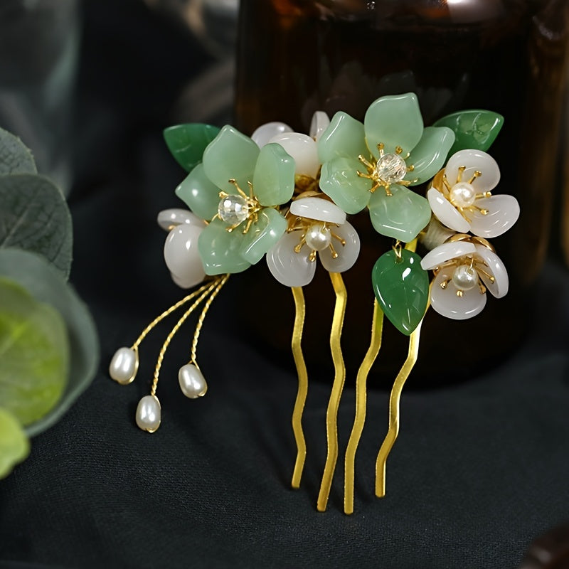 Green Glass Flower Leaves Crystal Faux Pearl Hair Comb Vintage Bridal Jewelry