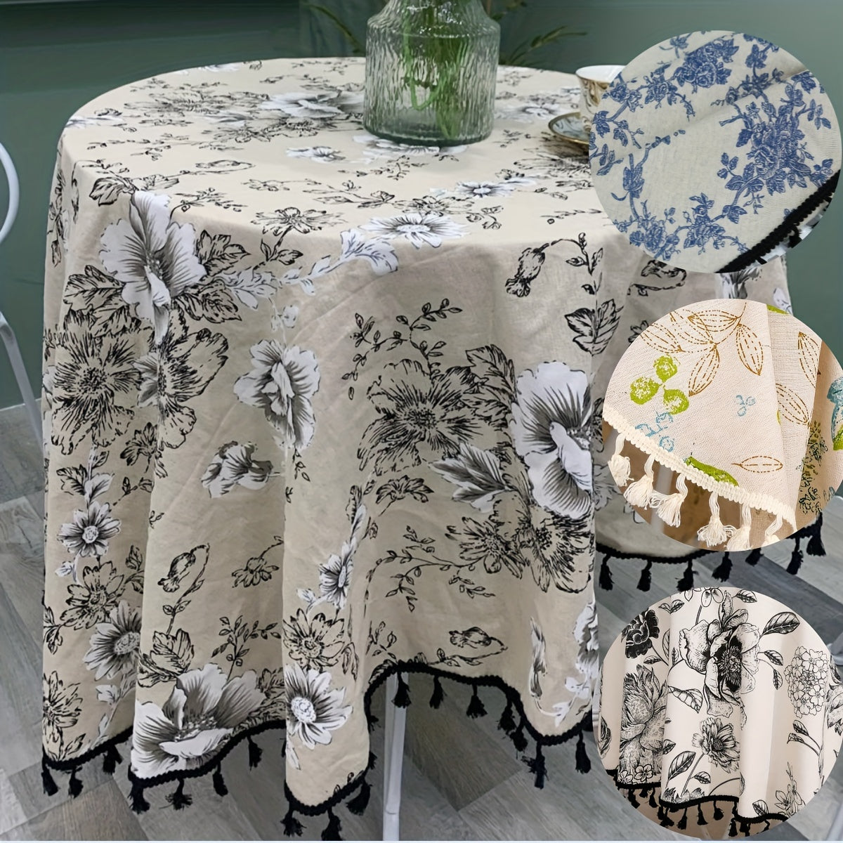 Floral Round Tablecloth Cotton Linen Table Cloth With Tassels