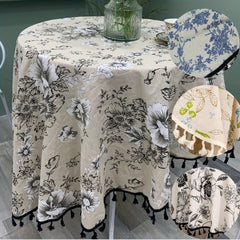 Floral Round Tablecloth Cotton Linen Table Cloth With Tassels