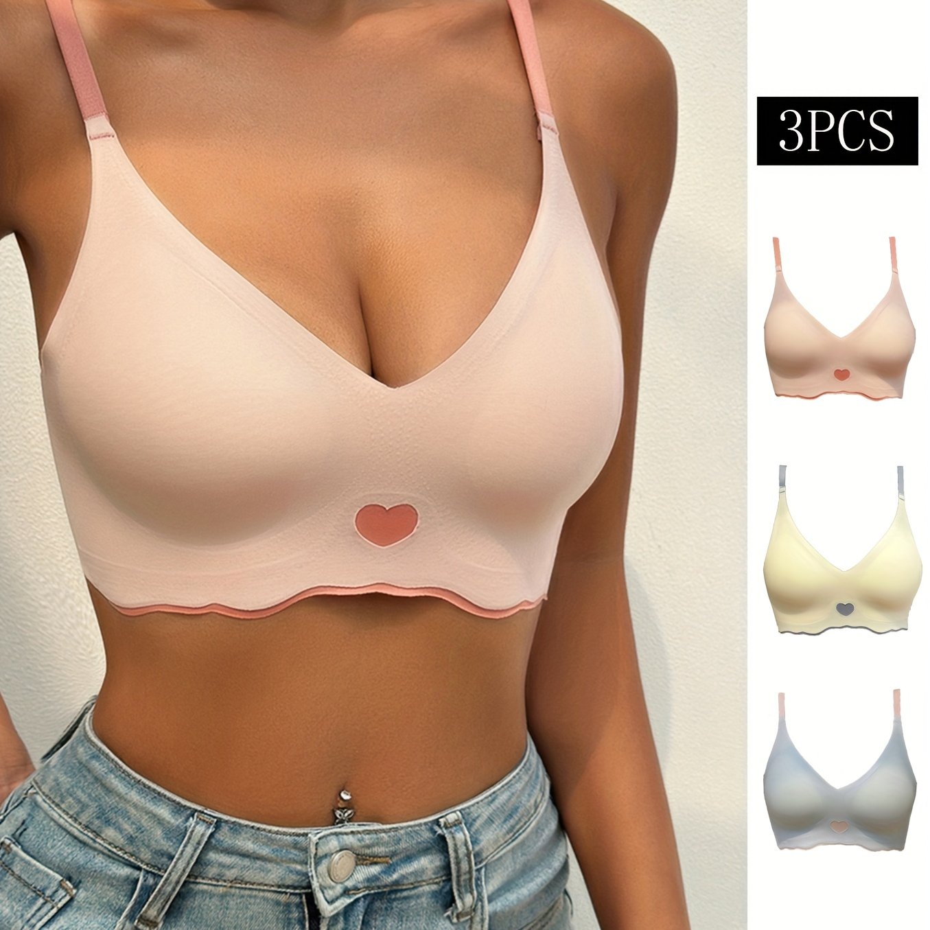 3pcs Heart Print Wireless Push Up Bras Comfy & Breathable Women's Lingerie