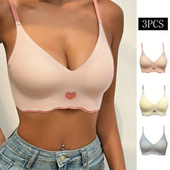 3pcs Heart Print Wireless Push Up Bras Comfy & Breathable Women's Lingerie