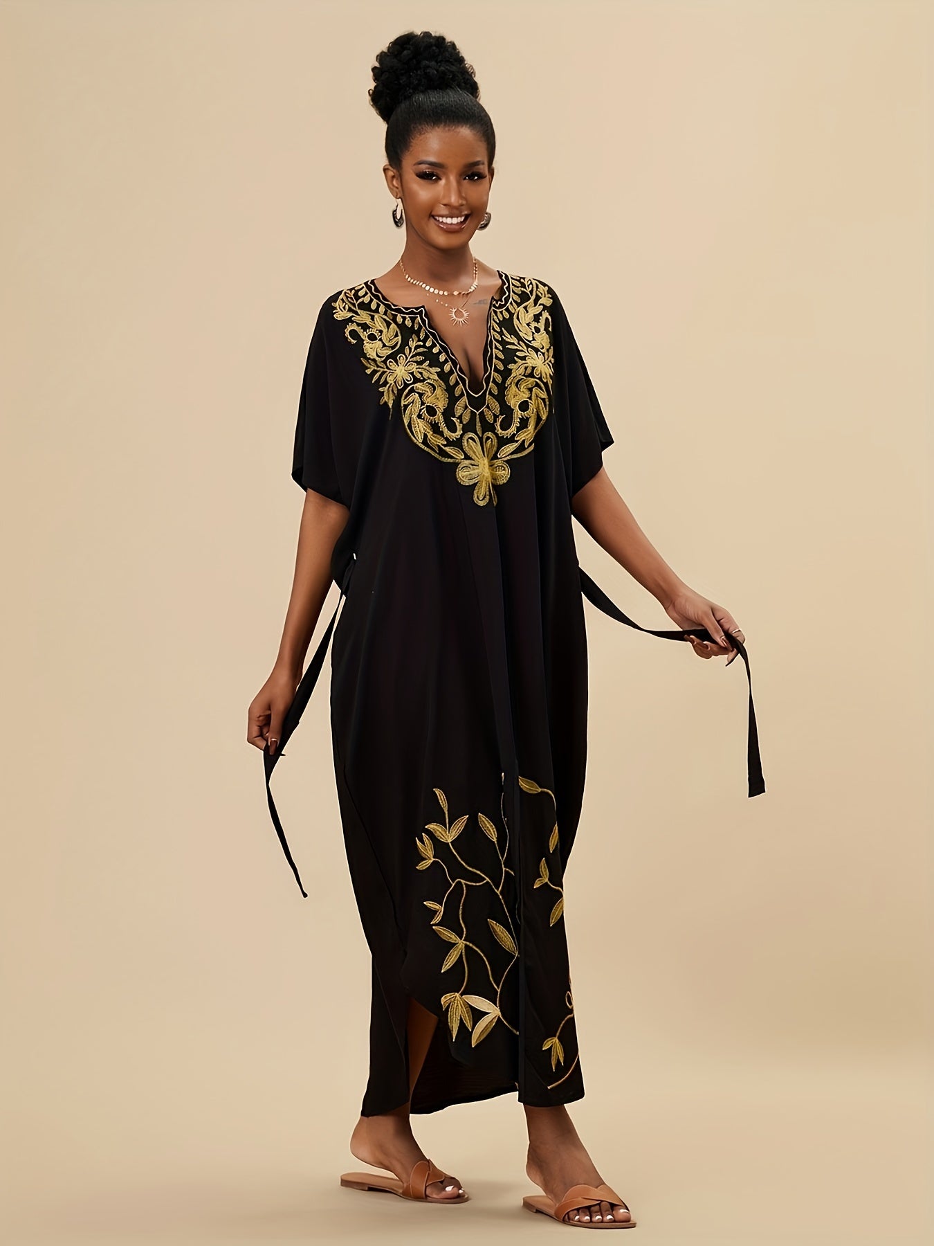 Women's Plus Boho Abaya Dress with Floral Embroidery