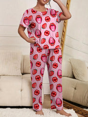 Strawberry & Lip Print Short Sleeve Pajama Set
