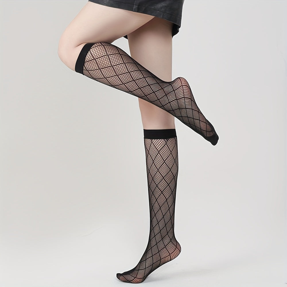 Argyle Fishnet Calf Socks Knee High Stockings