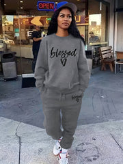 Blessed Letter Print Casual Two piece Set Long Sleeve Tops & Drawstring