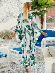 Tropical Print Maxi Kaftan Beach Dress V Neck Split Abaya Dress