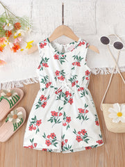 Toddler Girls Flower Print Sleeveless Jumpsuit Shorts With Bow Waist