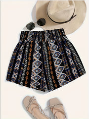 Boho Shorts Women's Plus Tribal Print Elastic Waist Wide Leg Vacay Sho