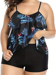 Tropical Print Ruffle Trim Tankini Set