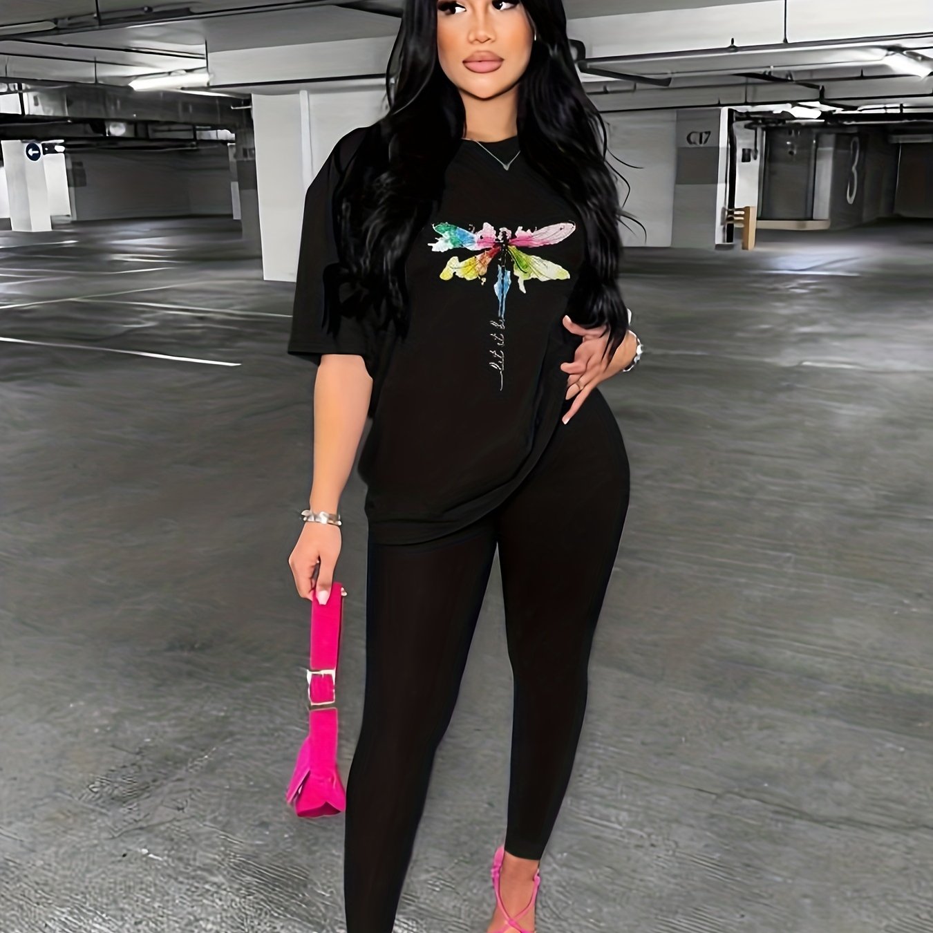 Dragonfly Print Two Piece Set Crew Neck Short Sleeve Top & Slim Pants