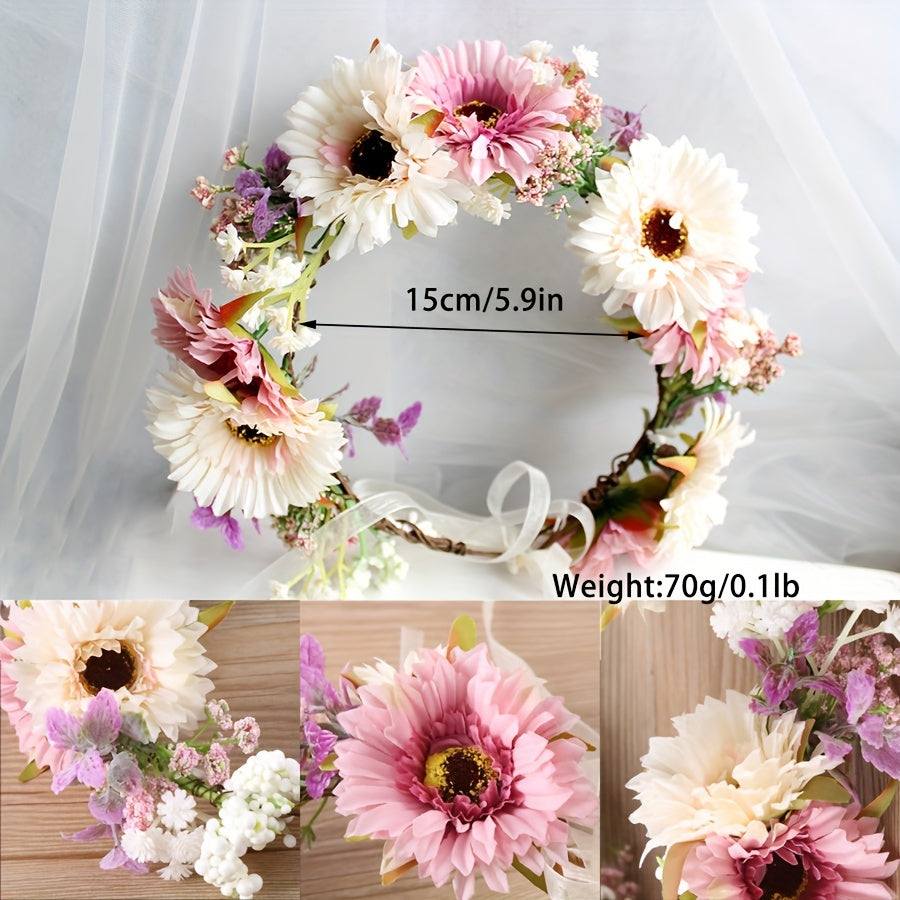 Boho Bride Crown Headband Large Sunflower Floral Headscarf Bridal Headpiece