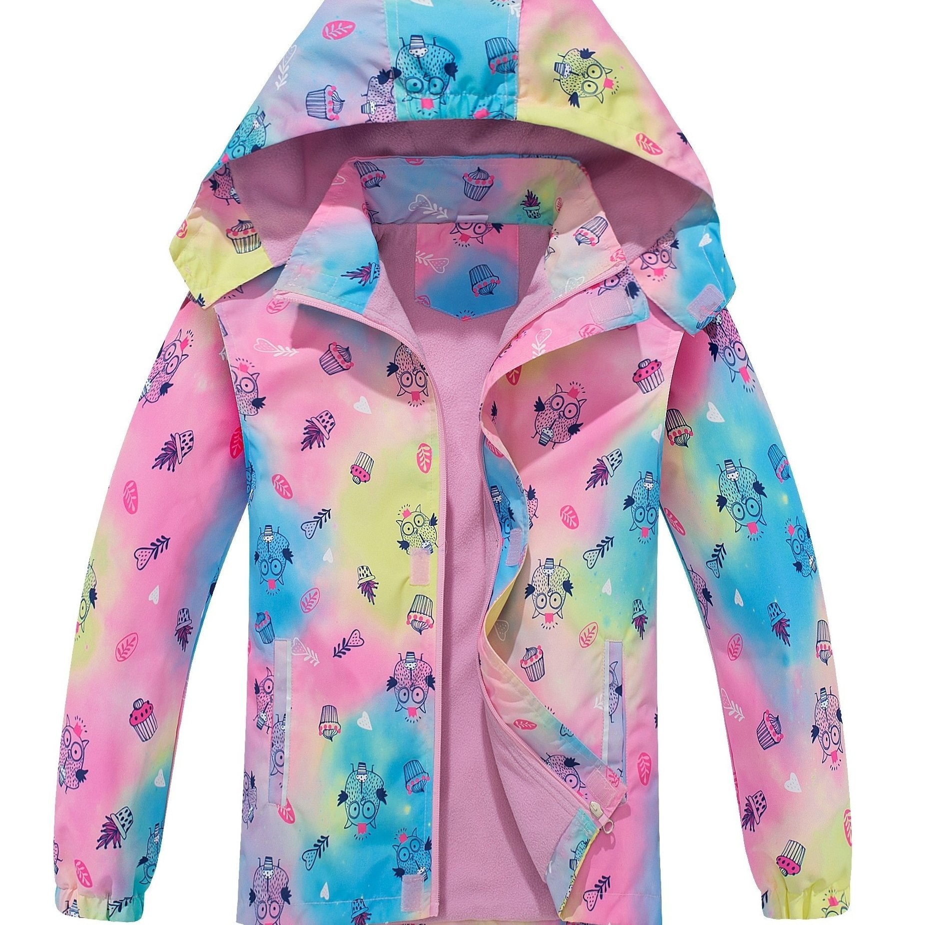Girls Owl Tie Dye Hooded Jacket Windproof Waterproof Coat