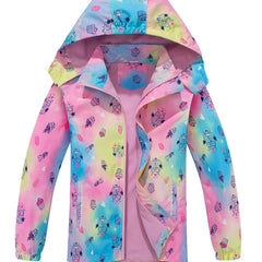 Girls Owl Tie Dye Hooded Jacket Windproof Waterproof Coat