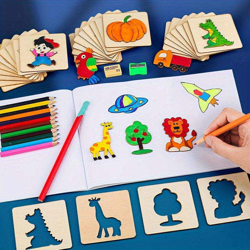 Wooden Hollow Painting Stencils Animal Fruit Patterns Doodle Templates