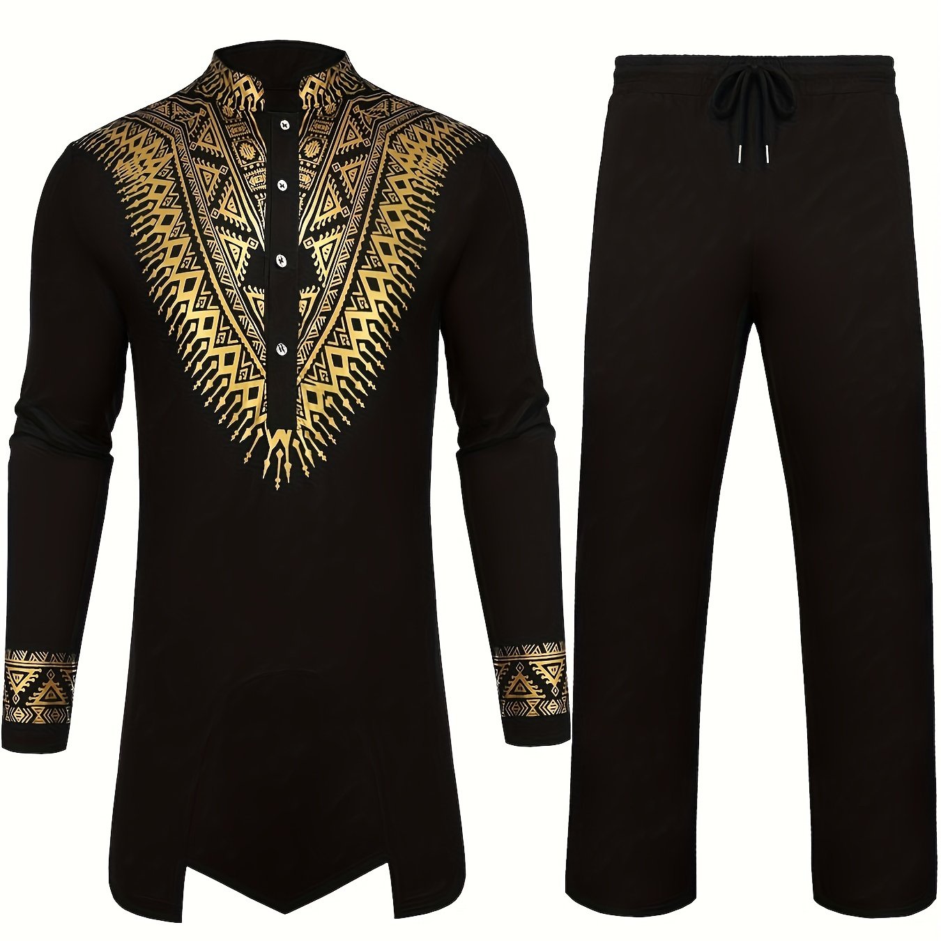 African 2 Piece Set Metallic Golden Pattern Print Cotton Dashiki Shirt And Pants