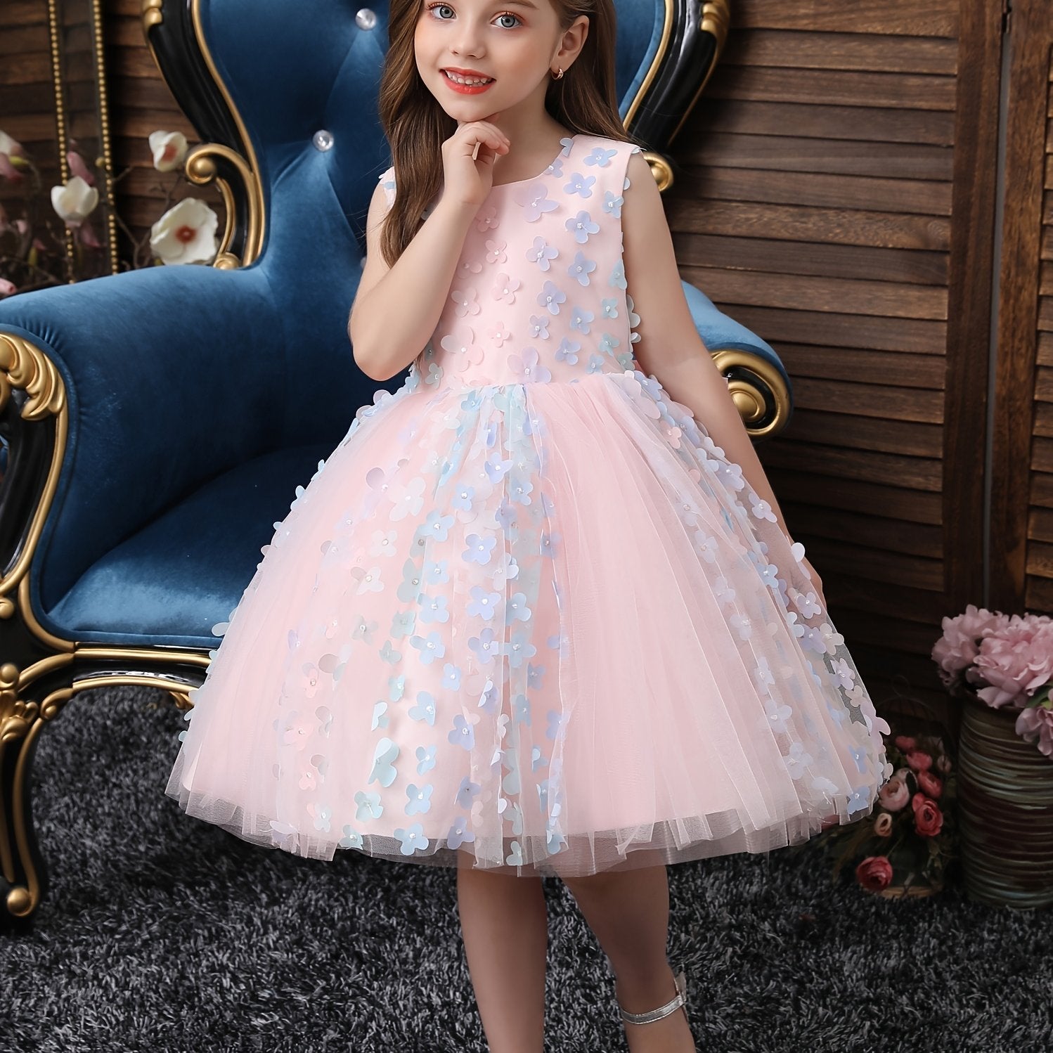 Girls Sleeveless Tutu Princess Dress with Flower Decoration