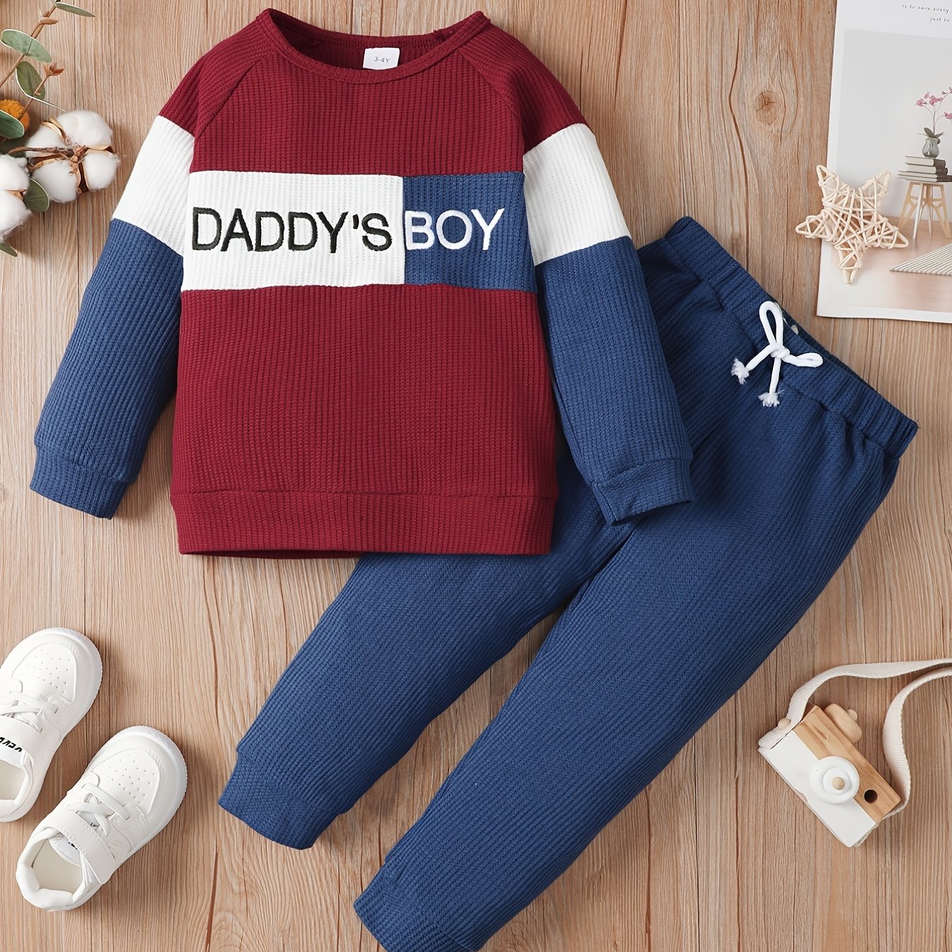 2pcs Daddy's Boy Colorblock Sweatshirt Matching Pant