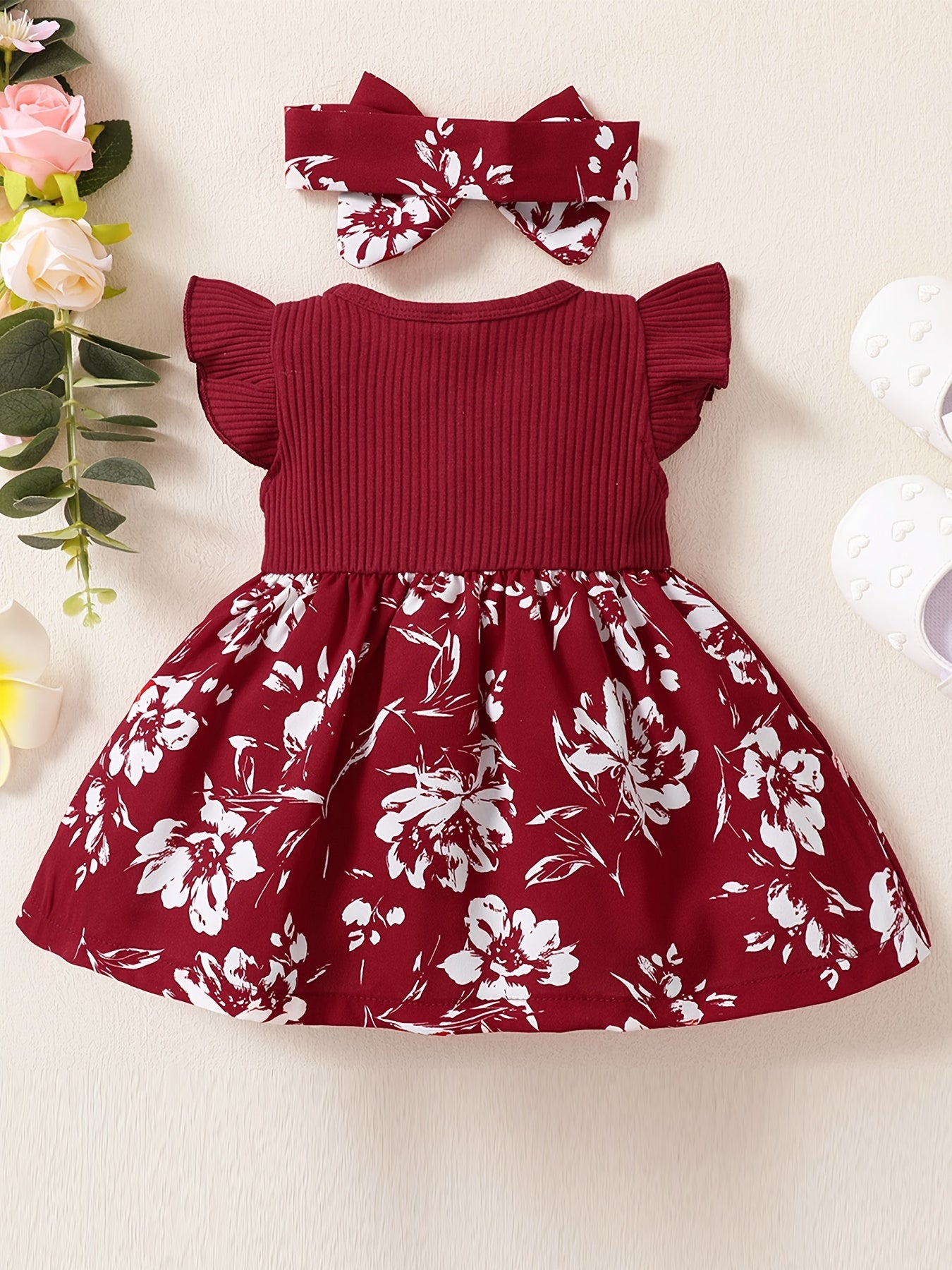 Baby Girls Floral Ruffled Sleeve Dress With Headband
