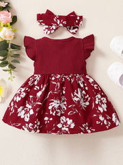 Baby Girls Floral Ruffled Sleeve Dress With Headband