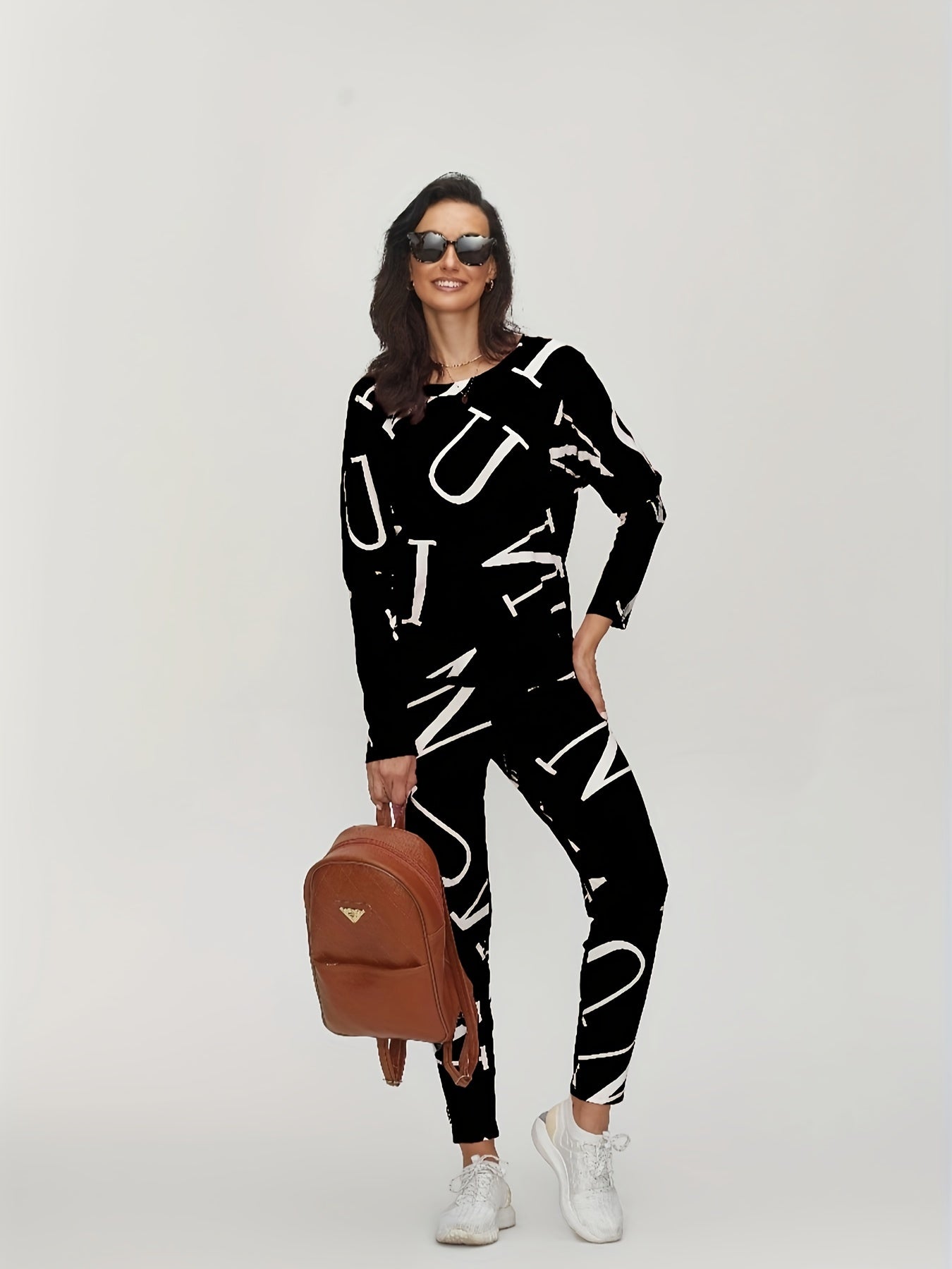 Casual Two Piece Set Long Sleeve Crew Neck Tops & Slim Pants