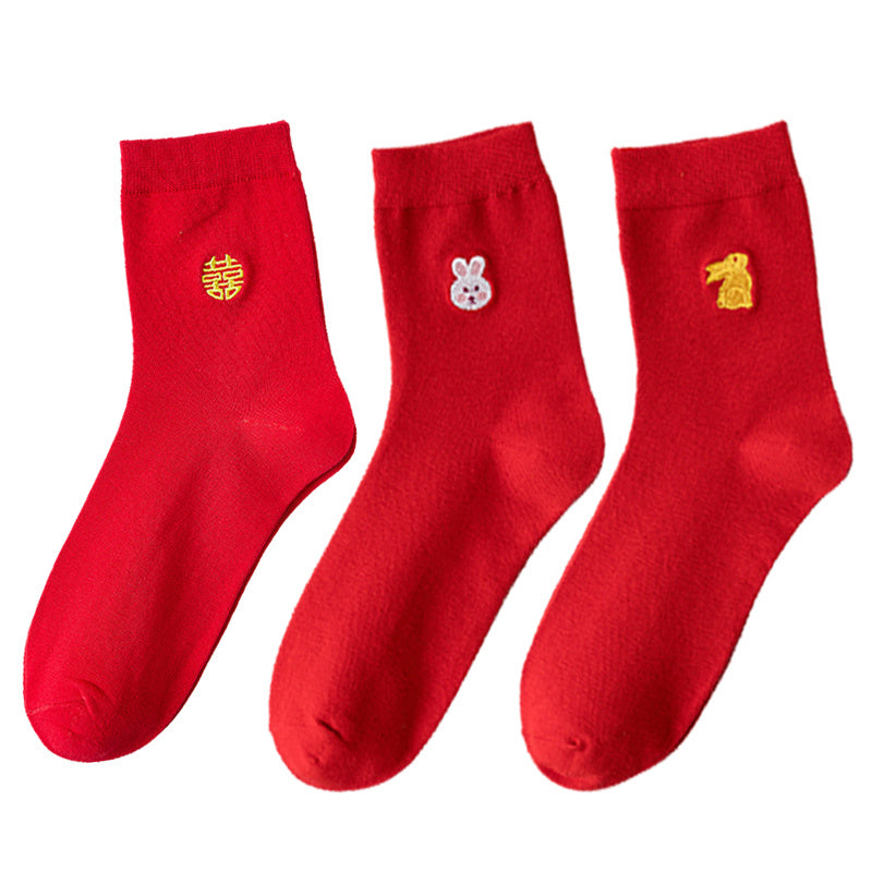 3 Pairs Rabbit Year Red Socks Women's Mid Tube Stockings