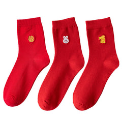 3 Pairs Rabbit Year Red Socks Women's Mid Tube Stockings