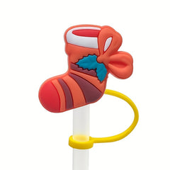 6pcs Cartoon Christmas Straw Cap Dustproof Silicone Cover Drink Cup Accessories