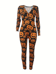 Pumpkin Print Lounge Romper Long Sleeve V Neck Buttons Romper