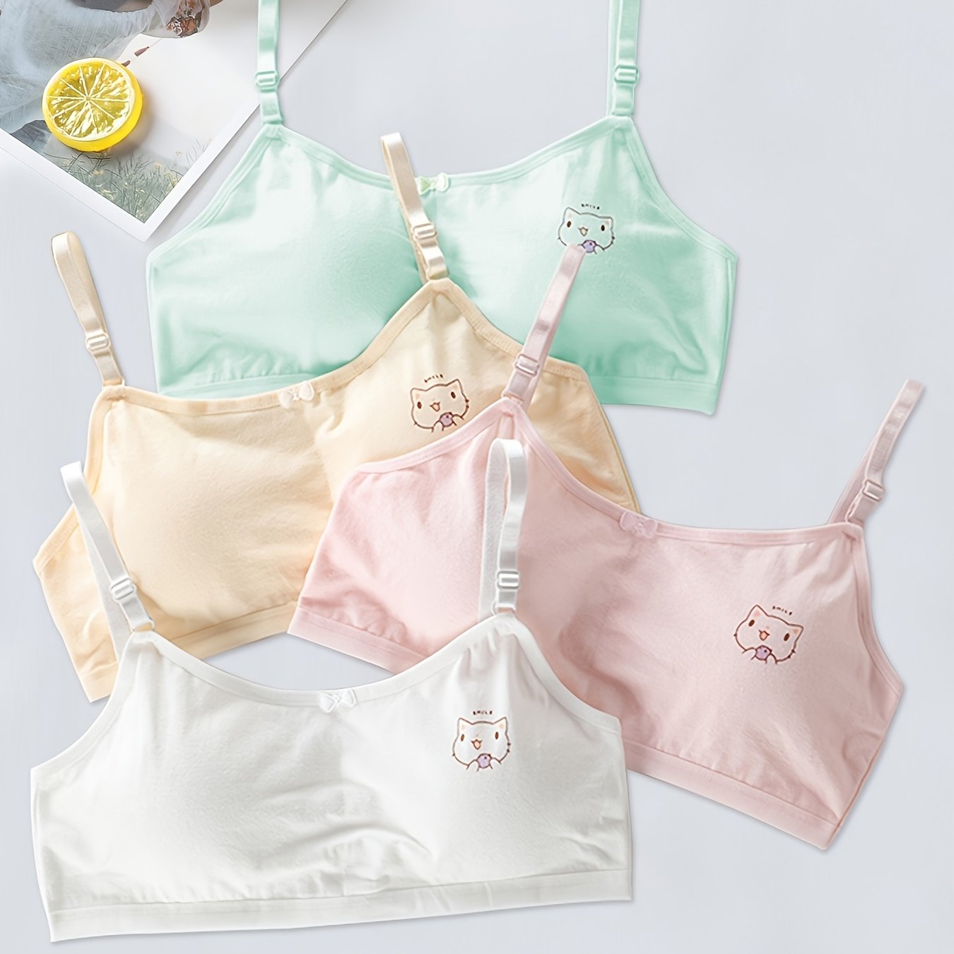 4pcs Girls Bra Stretchy Bralette Adjustable Straps Cat Print 3pcs Cami Bra