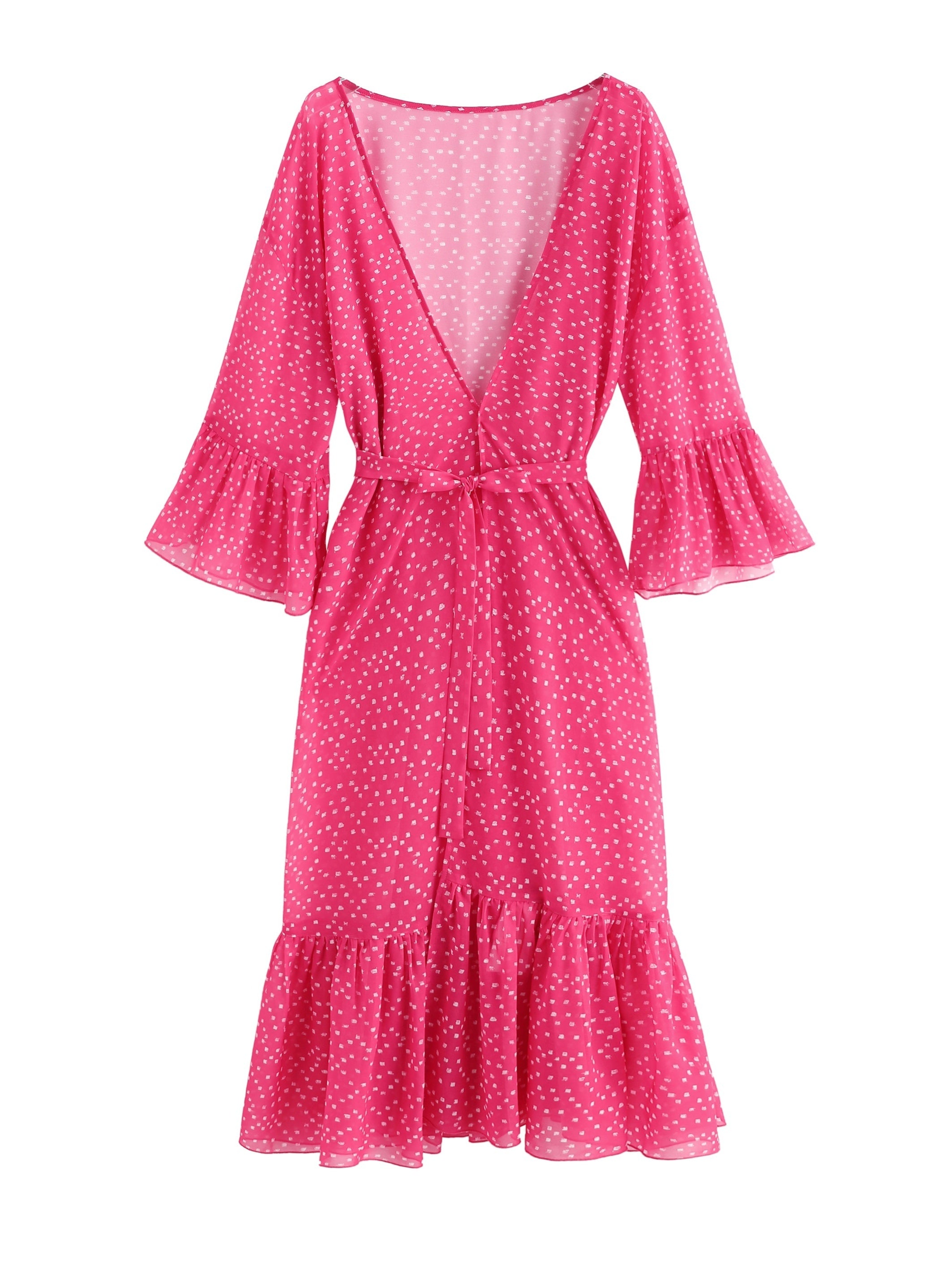 Dot Print Ruffle Trim Cover Up Dress With Belt