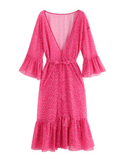 Dot Print Ruffle Trim Cover Up Dress With Belt