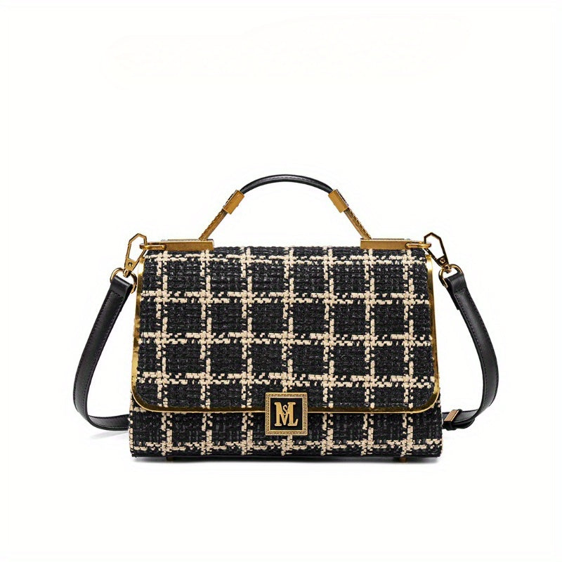 Houndstooth Split Leather Top Handle Shoulder Bag