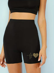 Leopard Heart Print Biker Shorts Casual Leggings