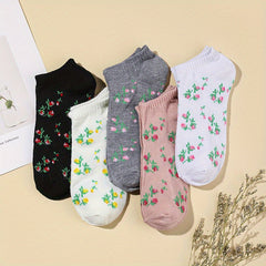 5-Pair Floral Print Socks for Women Soft Lightweight Ankle Stockings