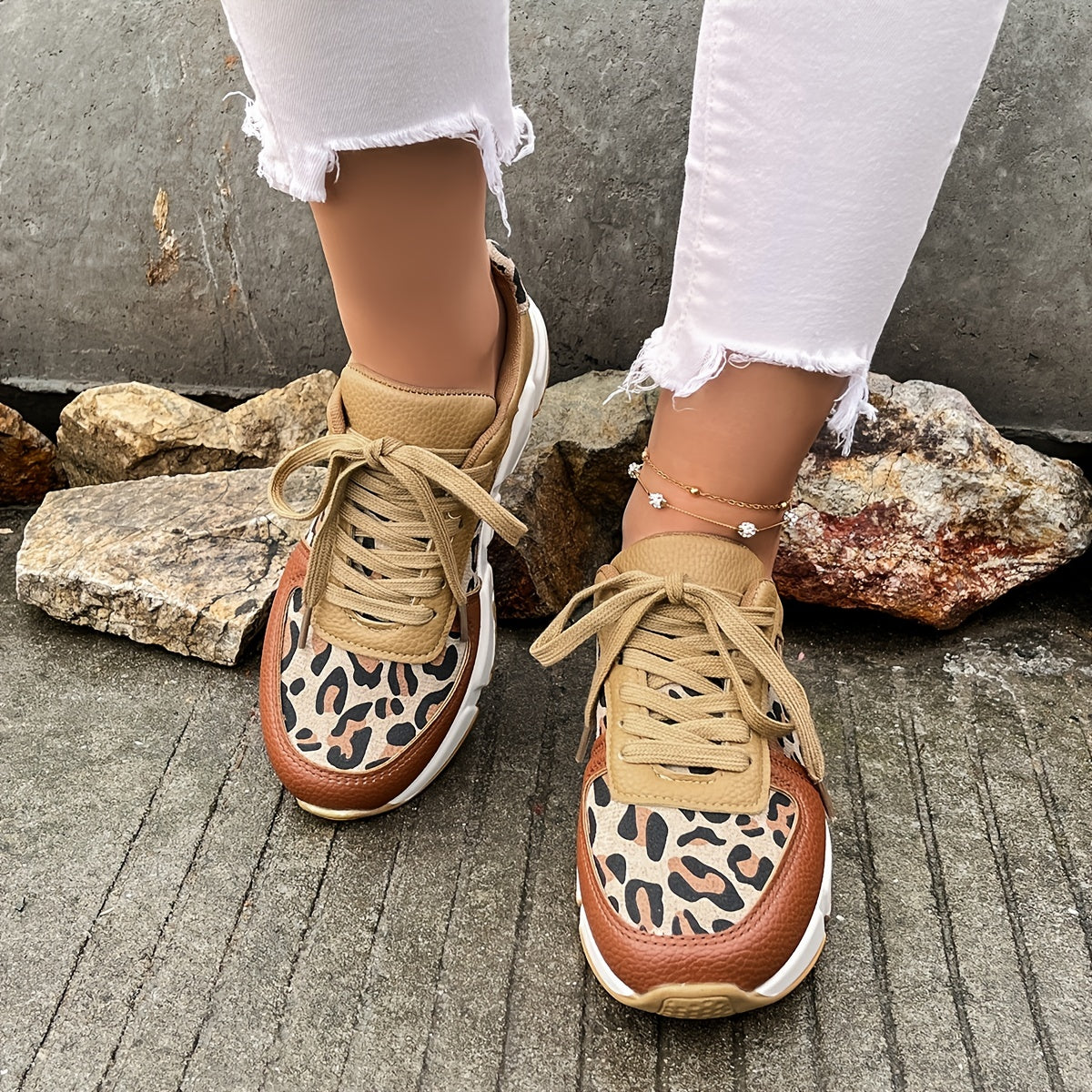 Leopard Print Colorblock Sneakers Lace Up Round Toe Low Top Shoes