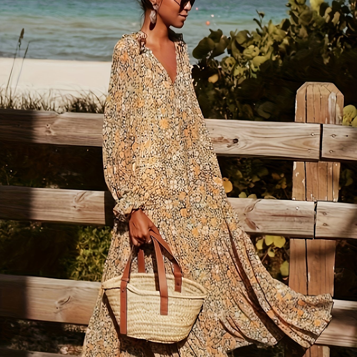 Boho Floral Print Lantern Sleeve Maxi Dress