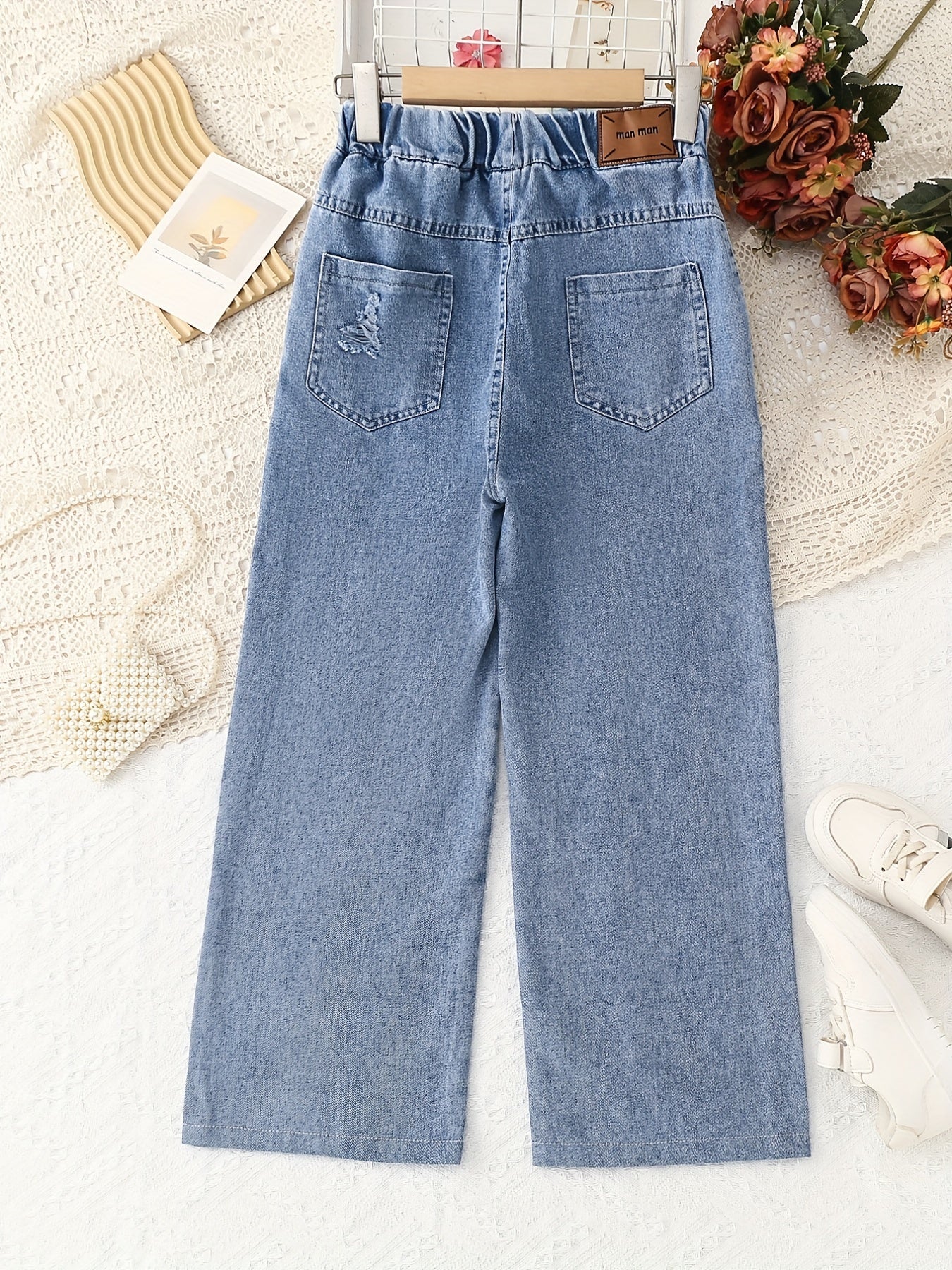 Girls' Casual Ripped Jeans Elastic Waist Wide Leg Denim Pants