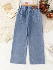Girls' Casual Ripped Jeans Elastic Waist Wide Leg Denim Pants