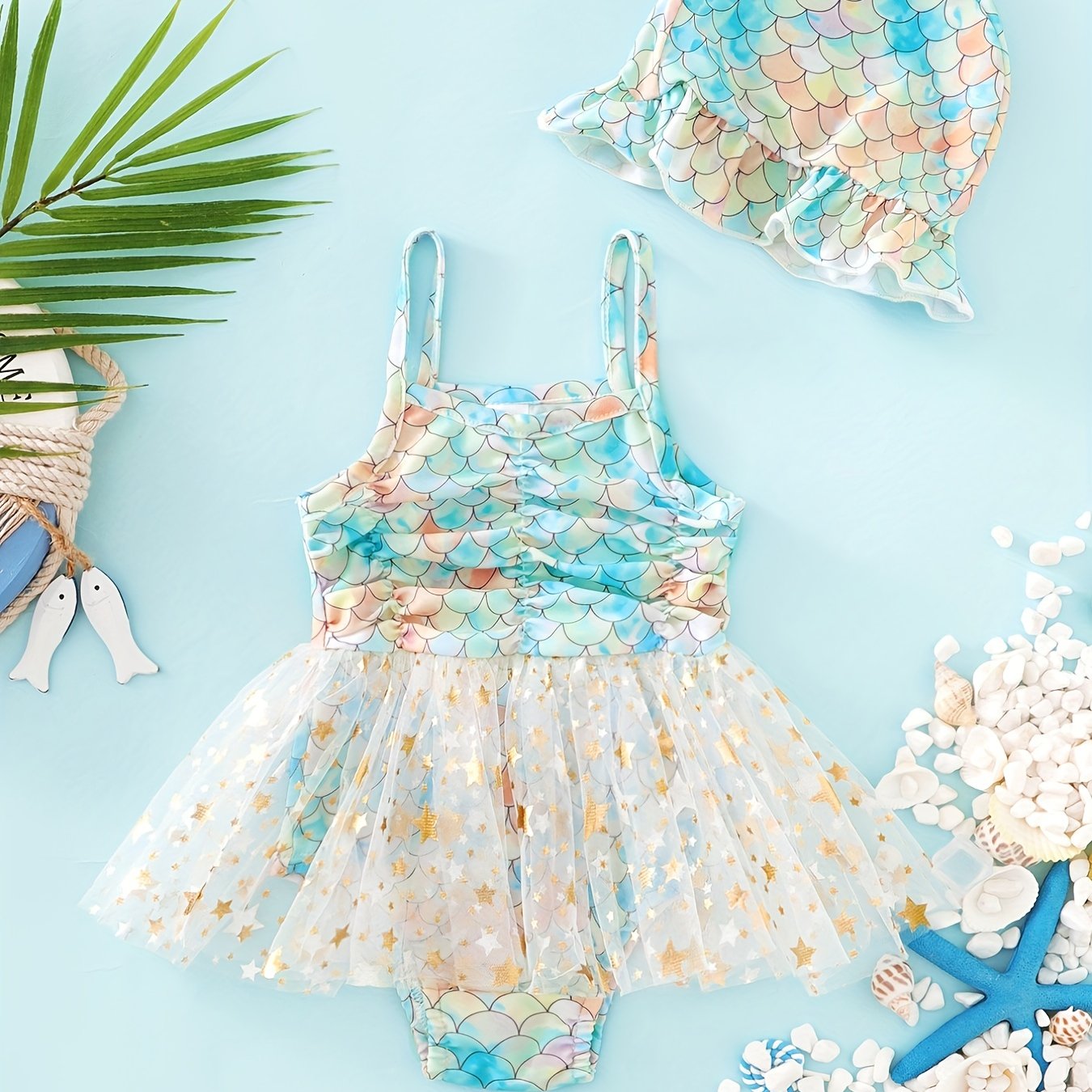2pcs Toddler Girls Fish Scales Cami Swimsuit & Cap Set