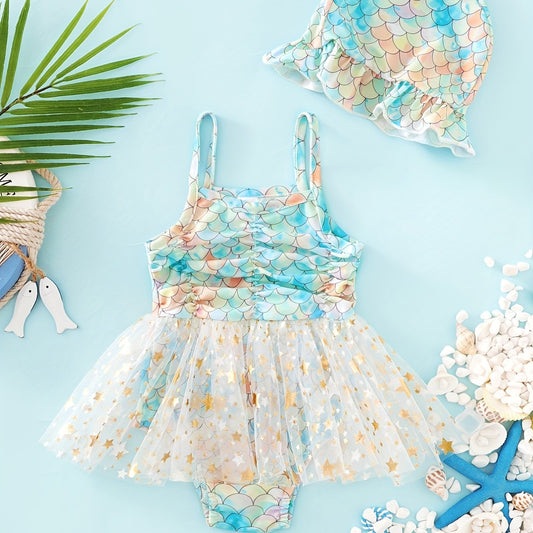 2pcs Toddler Girls Fish Scales Cami Swimsuit & Cap Set