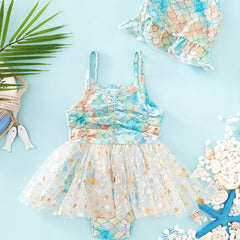 2pcs Toddler Girls Fish Scales Cami Swimsuit & Cap Set