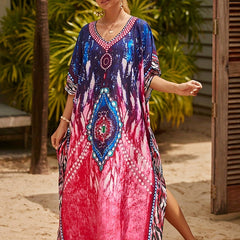 Tie Dye Bat Sleeve V Neck Cover Up Dress