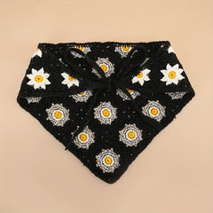 Daisy Flower Knitted Triangle Scarf Head Wrap Hollow Crochet Lace Up Turban Hat
