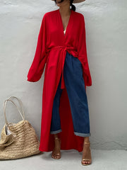 Solid Long Sleeve Belted Kimono Cover Up