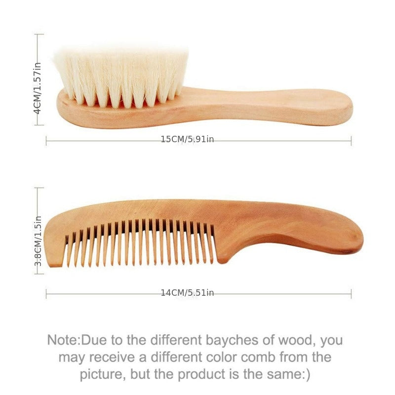 2pcs Natural Wooden Hair Brush & Comb Set, Soft Goat Hair Massage Comb