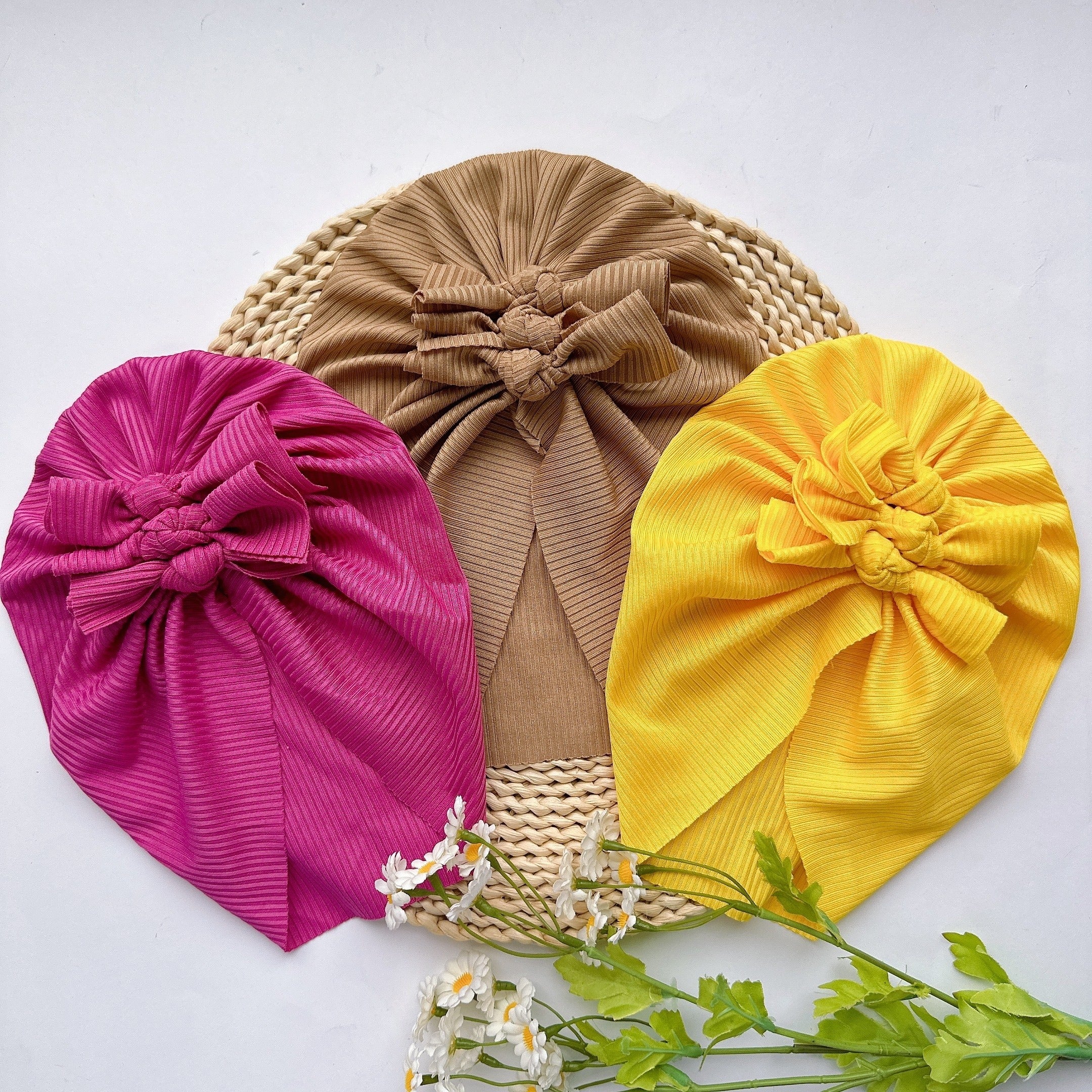 Soft Elastic Strip Flower Baby Hat With Kelp Knot Hat For Girl