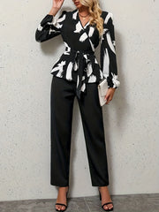 Plus Brush Print Lantern Sleeve Surplice Neck Belted Top & Pants Outfits