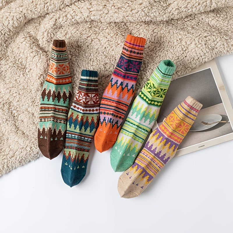 5 Pairs Women's Thick Warm Ethnic Wool Socks Curry Stripes