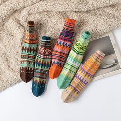 5 Pairs Women's Thick Warm Ethnic Wool Socks Curry Stripes